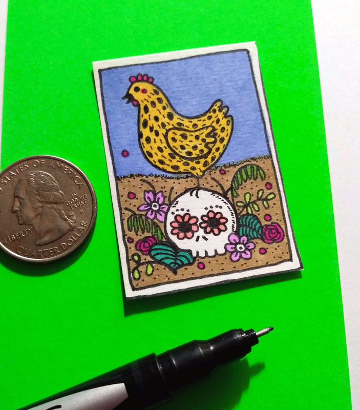Miniature inktober doodle. Tiny drawing of hen and sugar skull.