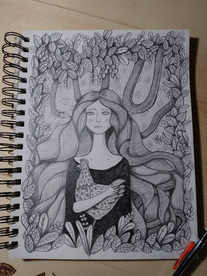 Sketchbook illustration, woman holding a chicken away from a snake