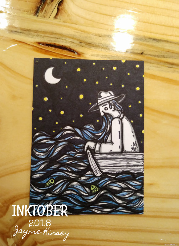 Inktober 2018 Illustration. Bearded man in a boat, surreal fantasy illustration ACEO card by Jayme Kinsey
