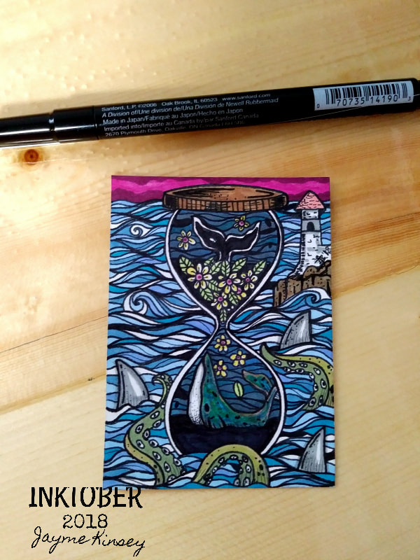 Whale illustration ACEO card, Inktober 2018 art by Jayme Kinsey