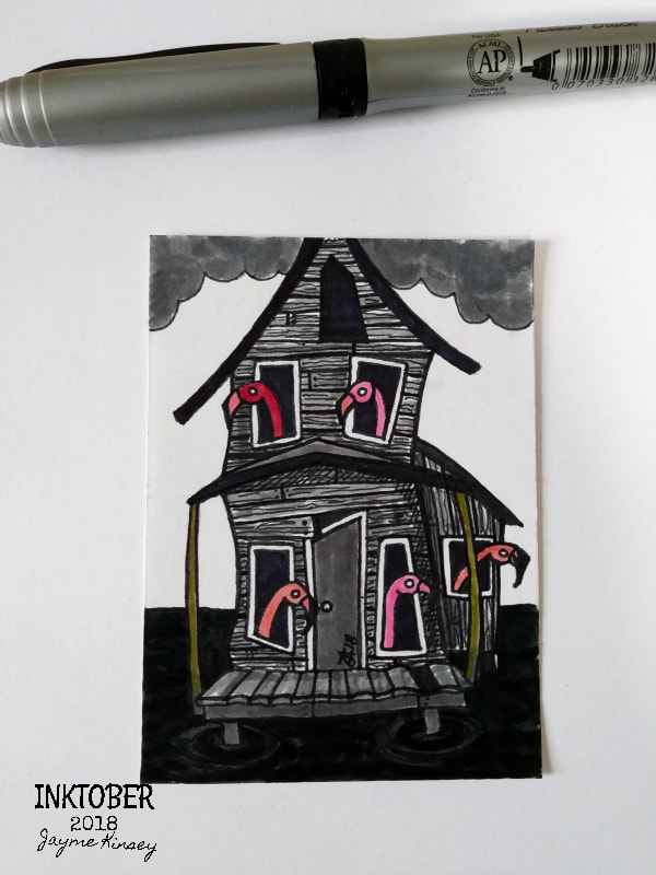 Inktober 2018 illustration Flamingo House ACEO card by Jayme Kinsey