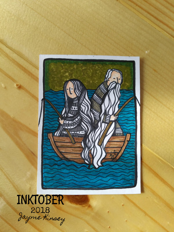 Inktober Old Fisher Couple illustration ACEO card by Jayme Kinsey