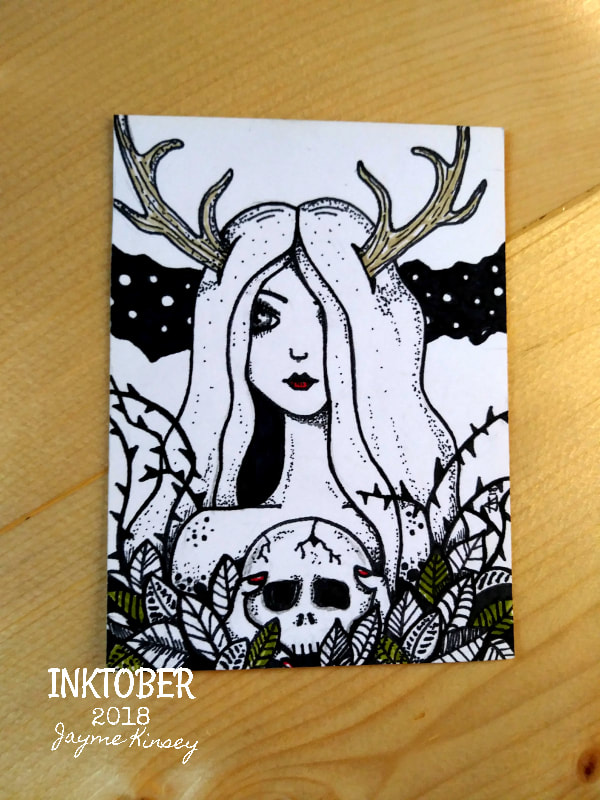 Inktober 2018 Night Garden woman illustration ACEO card by Jayme Kinsey