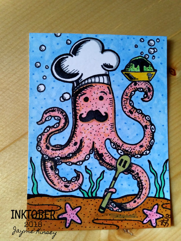 Inktober 2018 illustration. Octopus chef ACEO card