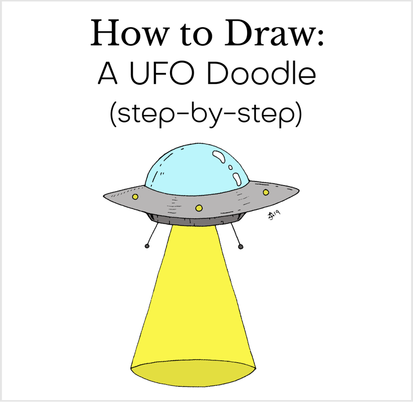 How to draw a ufo doodle. Flying saucer cartoon doodle with yellow light beam underneath. 