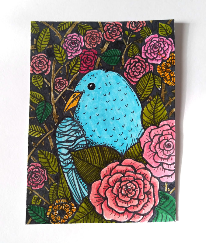 Blue bird garden illustration for Inktober 2018, ACEO card by Jayme Kinsey