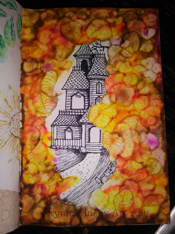 Inktober illustration. Haunted house with fall leaves. 