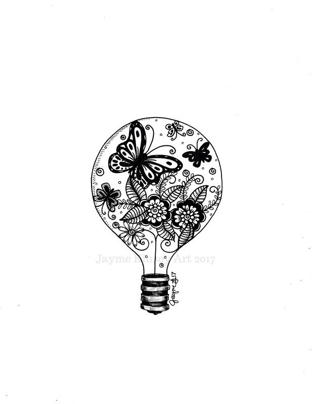 Inktober illustration, summer butterflies in a lightbulb. 