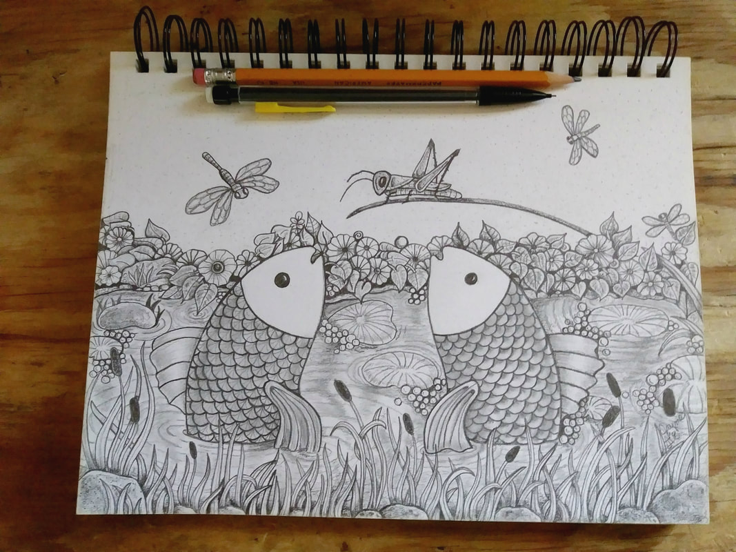 Graphite illustration, two fish looking at a grasshopper
