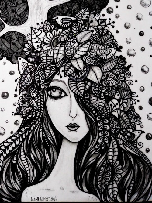 Graphite and ink fantasy illustration, woman with flowers in her hair
