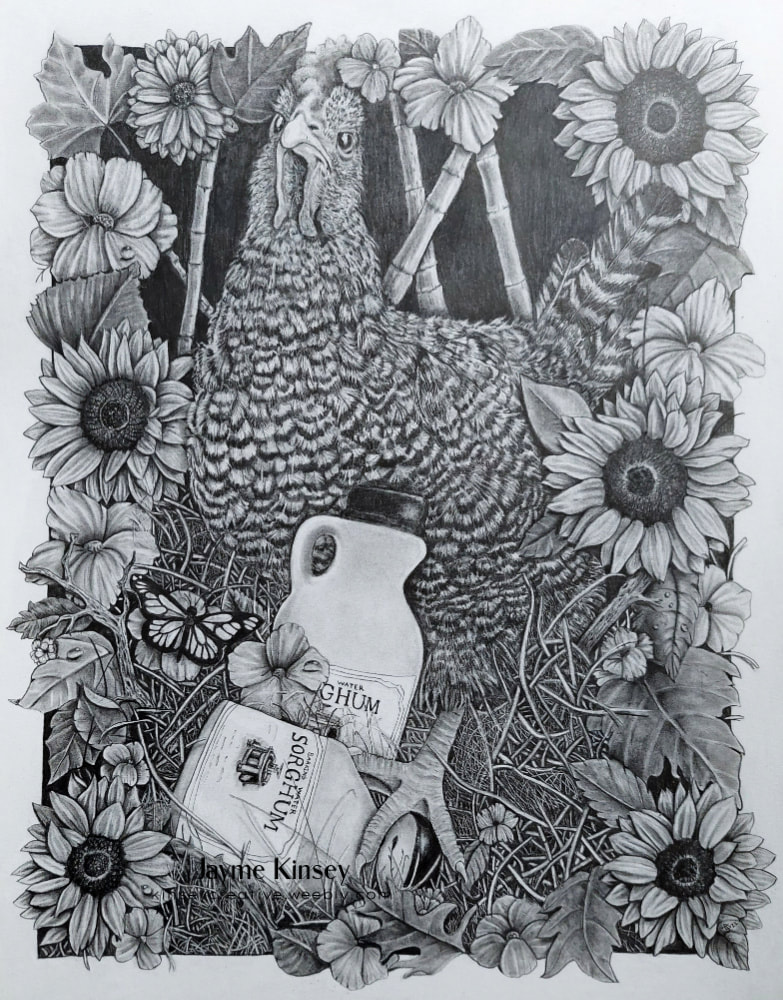 Graphite drawing of hen surrounded by sunflowers.