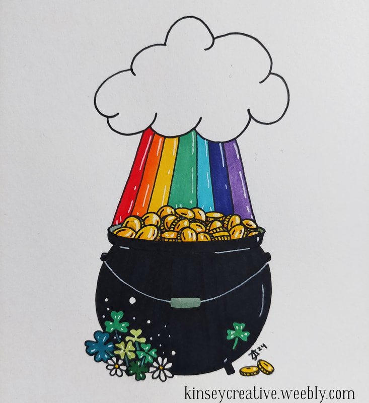 Drawing of a pot of shiny gold coins under a bright rainbow. St. Patrick's Day doodle.