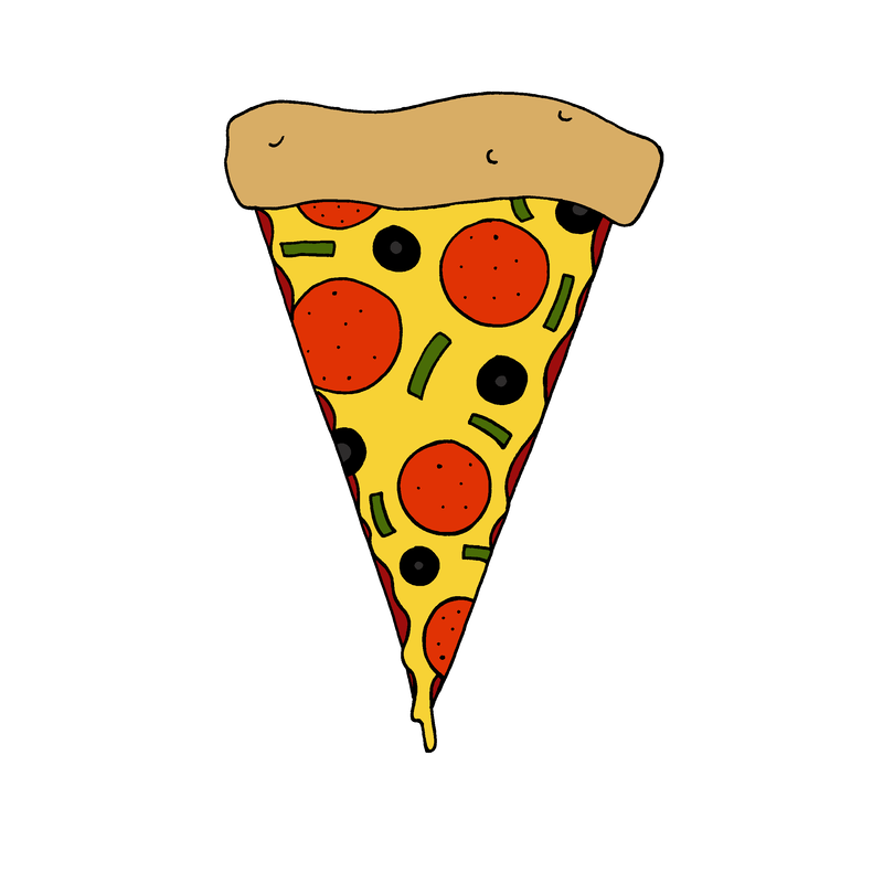 Hand drawn pizza slice cartoon doodle. Olives and pepperoni.