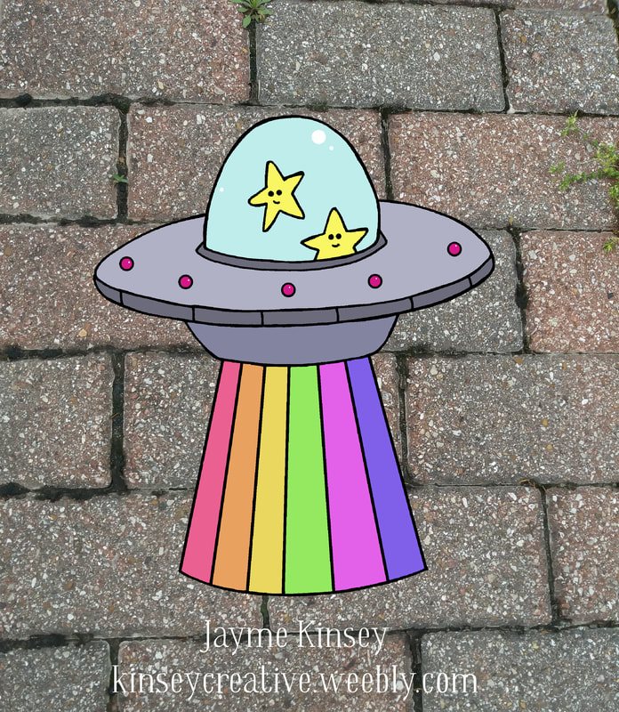 Funky UFO with cartoon stars and a rainbow beam. Hand drawn art by Jayme Kinsey