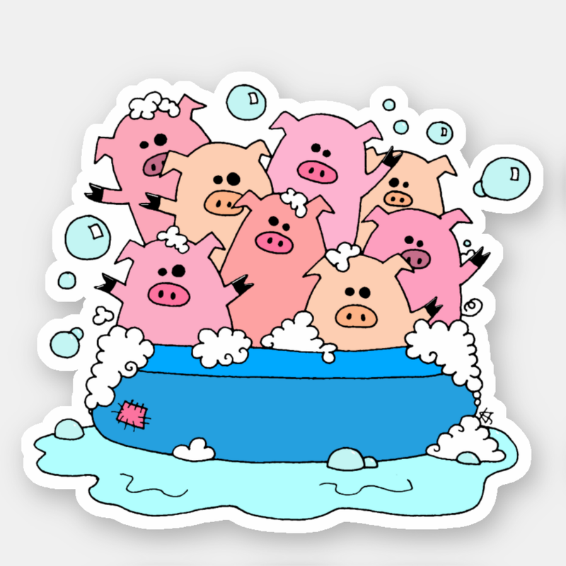Die cut sticker featuring several pink cartoon pigs in pool. Art by jayme kinsey. 